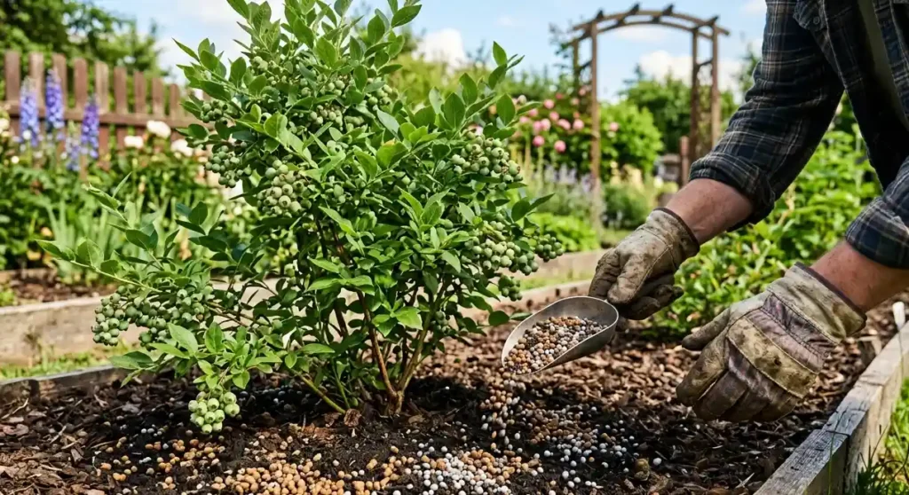 Granulowane-nawozy-organiczne-i-mineralne-obok-krzewow-borowki-amerykanskiej-w-ogrodzie-1024x558 Pielęgnacja borówki amerykańskiej – droga do zdrowych krzewów i obfitych plonów