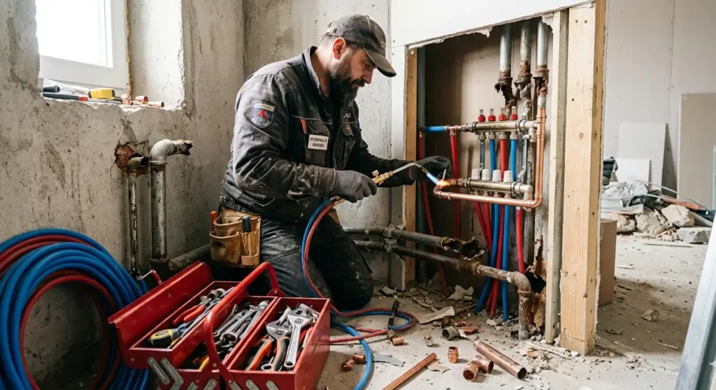Hydraulik-montujacy-nowe-rury-w-mieszkaniu-widac-rozne-rodzaje-rur-i-zlaczki-narzedzia-w-tle-1024x558 Koszt wymiany instalacji wodnej