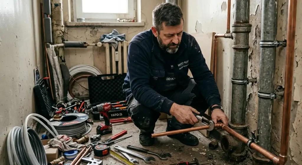 Hydraulik-montujacy-rury-wodne-w-mieszkaniu-w-bloku-1024x559 Koszt wymiany instalacji wodnej