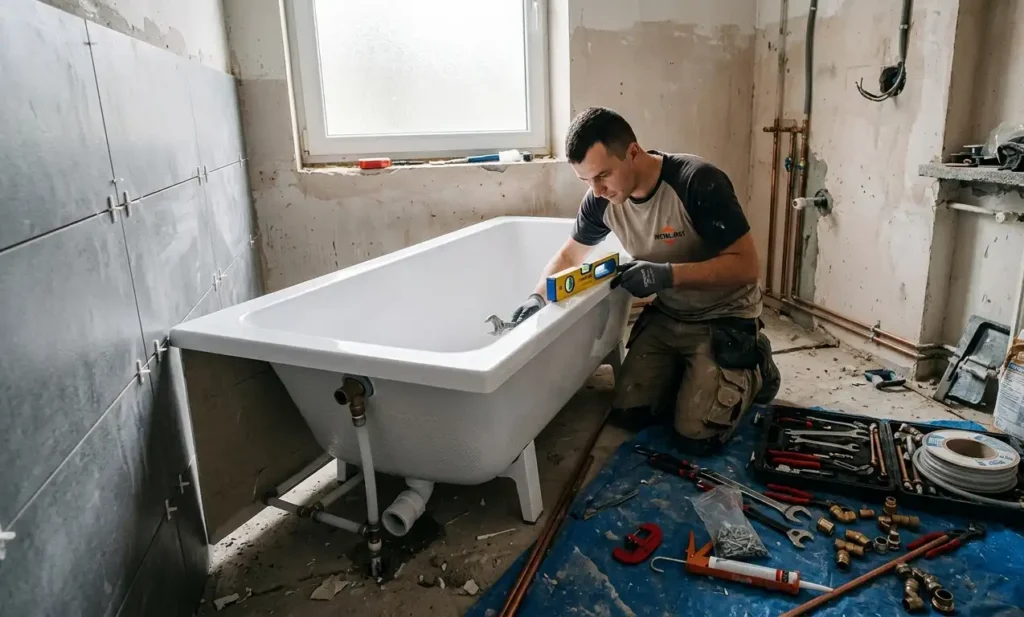 Hydraulik-montujacy-wanne-podczas-remontu-lazienki-widoczna-poziomica-i-narzedzia-instalacyjne-1024x617 Koszt wymiany wanny – ile naprawdę wynosi i od czego zależy cena?