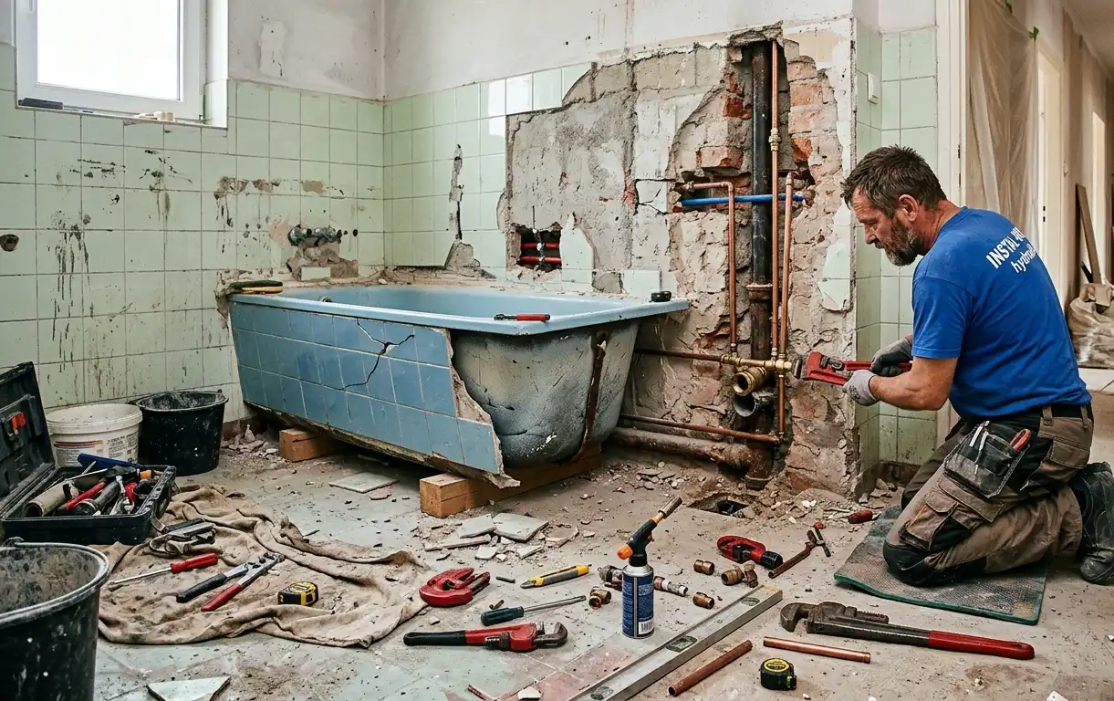 Hydraulik podczas wymiany wanny w remontowanej łazience, widoczna częściowo zdemontowana instalacja i narzędzia na podłodze