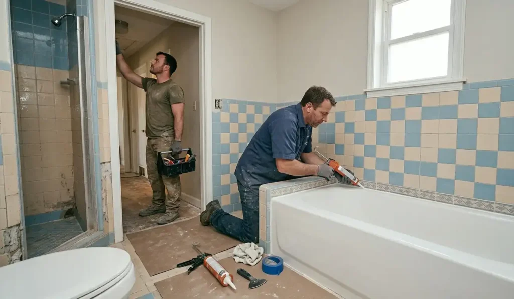 Hydraulik-poprawiajacy-silikonowanie-przy-krawedzi-nowo-zamontowanej-wanny-w-remontowanej-lazience-1024x597 Koszt wymiany wanny – ile naprawdę wynosi i od czego zależy cena?