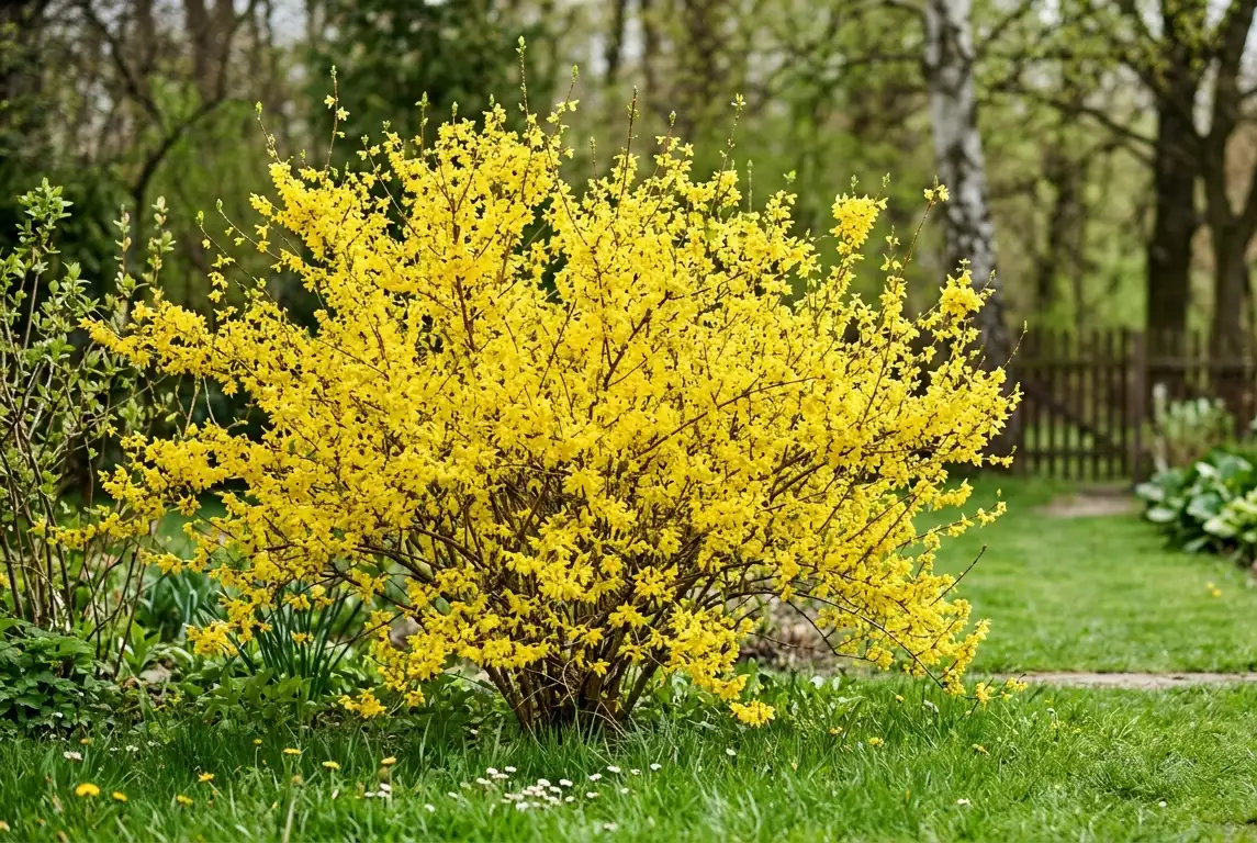 Kwitnąca forsycja w ogrodzie z intensywnie żółtymi kwiatami na tle zieleni - pielęgnacja forsycji