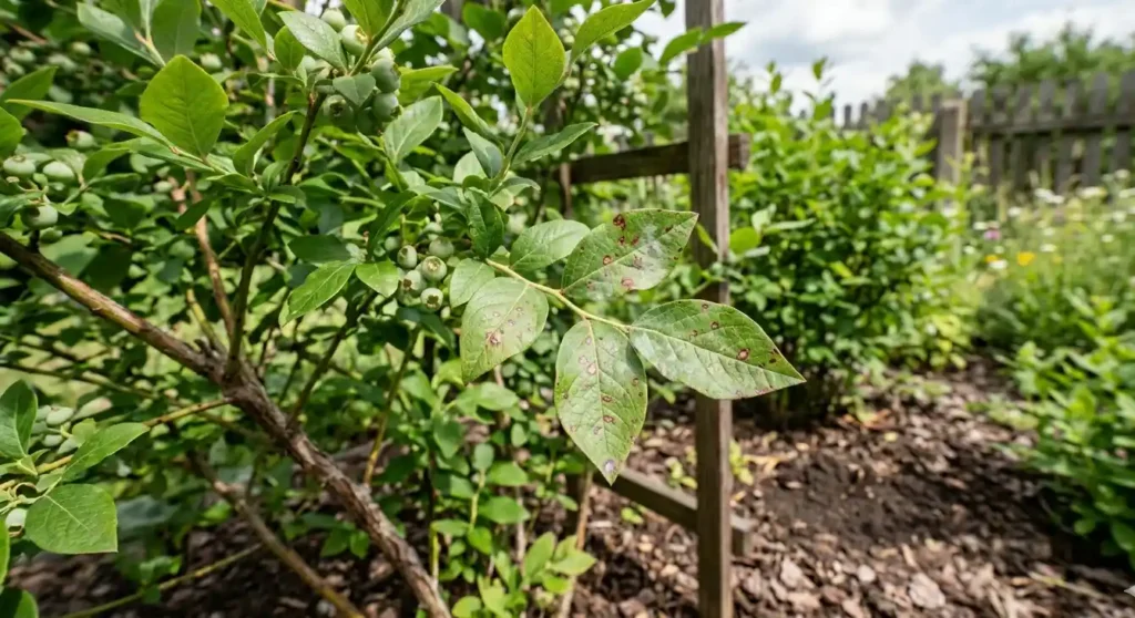Liscie-borowki-amerykanskiej-z-widocznymi-objawami-choroby-grzybowej-krzew-w-ogrodzie-1024x558 Pielęgnacja borówki amerykańskiej – droga do zdrowych krzewów i obfitych plonów