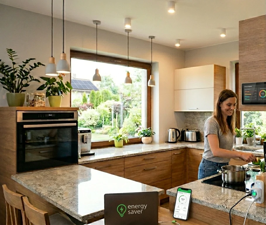 Nowoczesny dom z widocznym zużyciem energii i urządzeniami elektrycznymi, pokazujący jak zmniejszyć rachunki za prąd w domu