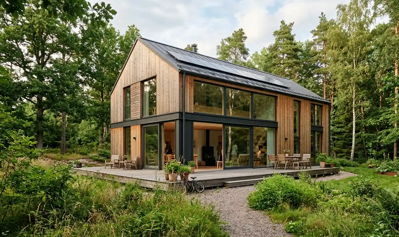 Nowoczesny dom zbudowany z ekologicznych materiałów, drewno i duże przeszklenia w otoczeniu natury