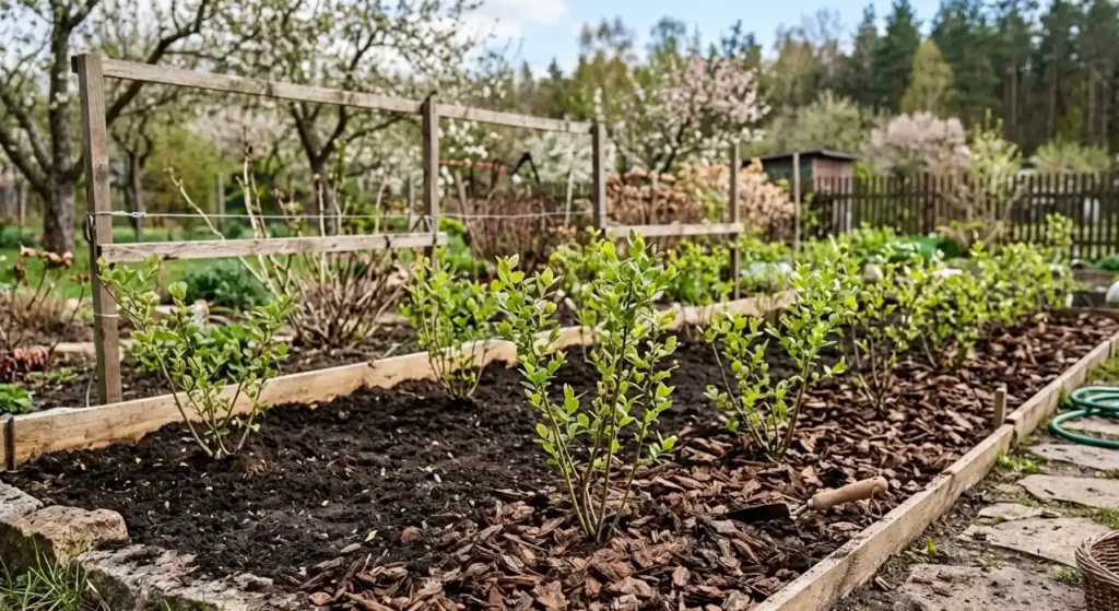 Ogrod-z-mlodymi-krzewami-borowki-amerykanskiej-na-przygotowanej-glebie-1024x559 Pielęgnacja borówki amerykańskiej – droga do zdrowych krzewów i obfitych plonów