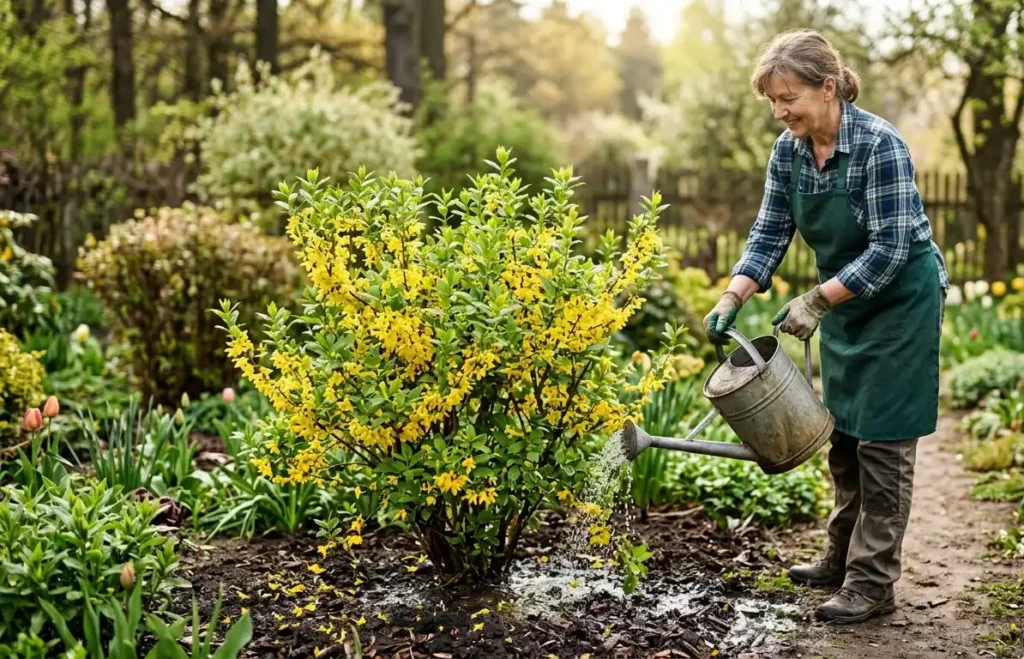 Ogrodnik-podlewajacy-forsycje-konewka-w-ogrodzie-widoczna-wilgotna-gleba-i-zielone-liscie-1024x659 Pielęgnacja forsycji – jak dbać o krzew, aby obficie kwitł każdej wiosny