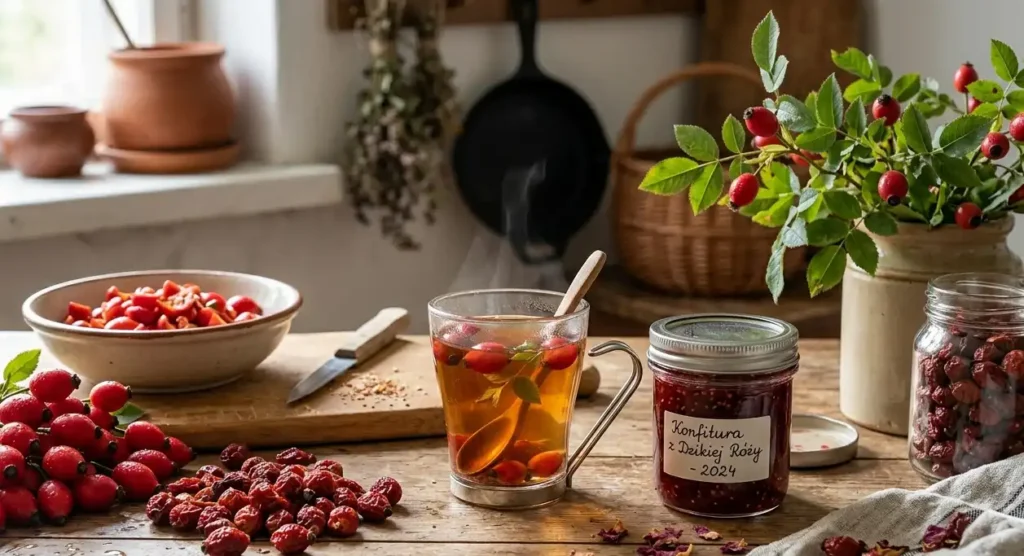 Owoce-dzikiej-rozy-uzywane-do-herbaty-i-przetworow-na-drewnianym-stole-1024x556 Pielęgnacja dzikiej róży – sekrety bujnego wzrostu i obfitego owocowania