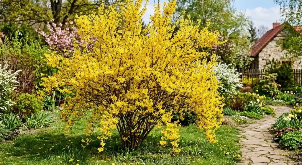 Pieknie-kwitnaca-forsycja-w-ogrodzie-w-pelnym-sloncu-gesty-krzew-pokryty-zoltymi-kwiatami-1024x559 Pielęgnacja forsycji – jak dbać o krzew, aby obficie kwitł każdej wiosny