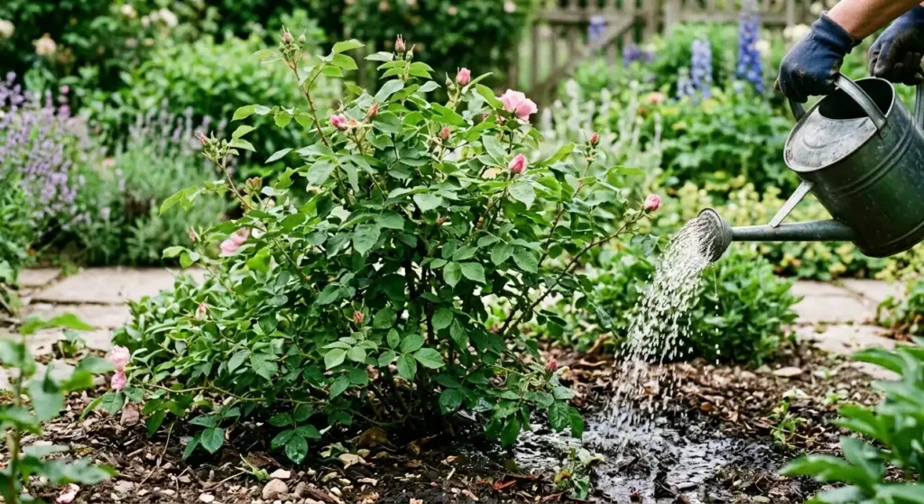 Podlewanie-dzikiej-rozy-konewka-w-ogrodzie-w-sloneczny-dzien-1024x559 Pielęgnacja dzikiej róży – sekrety bujnego wzrostu i obfitego owocowania