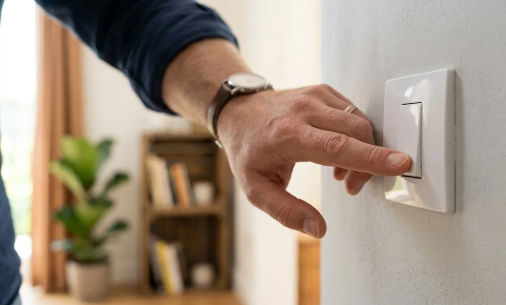 Reka-wylaczajaca-swiatlo-w-pomieszczeniu-jako-symbol-oszczedzania-energii-1024x617 Jak zmniejszyć rachunki za prąd w domu – sprawdzone sposoby na niższe opłaty za energię