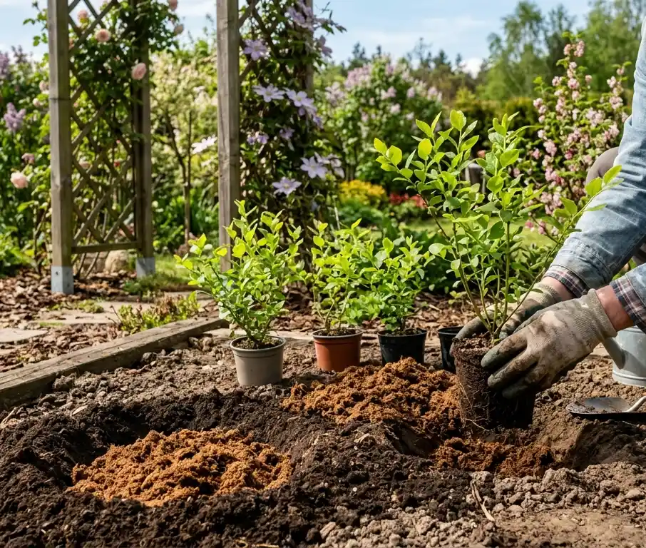 Sadzenie-mlodych-krzewow-borowki-amerykanskiej-w-przygotowanych-dolkach Pielęgnacja borówki amerykańskiej – droga do zdrowych krzewów i obfitych plonów