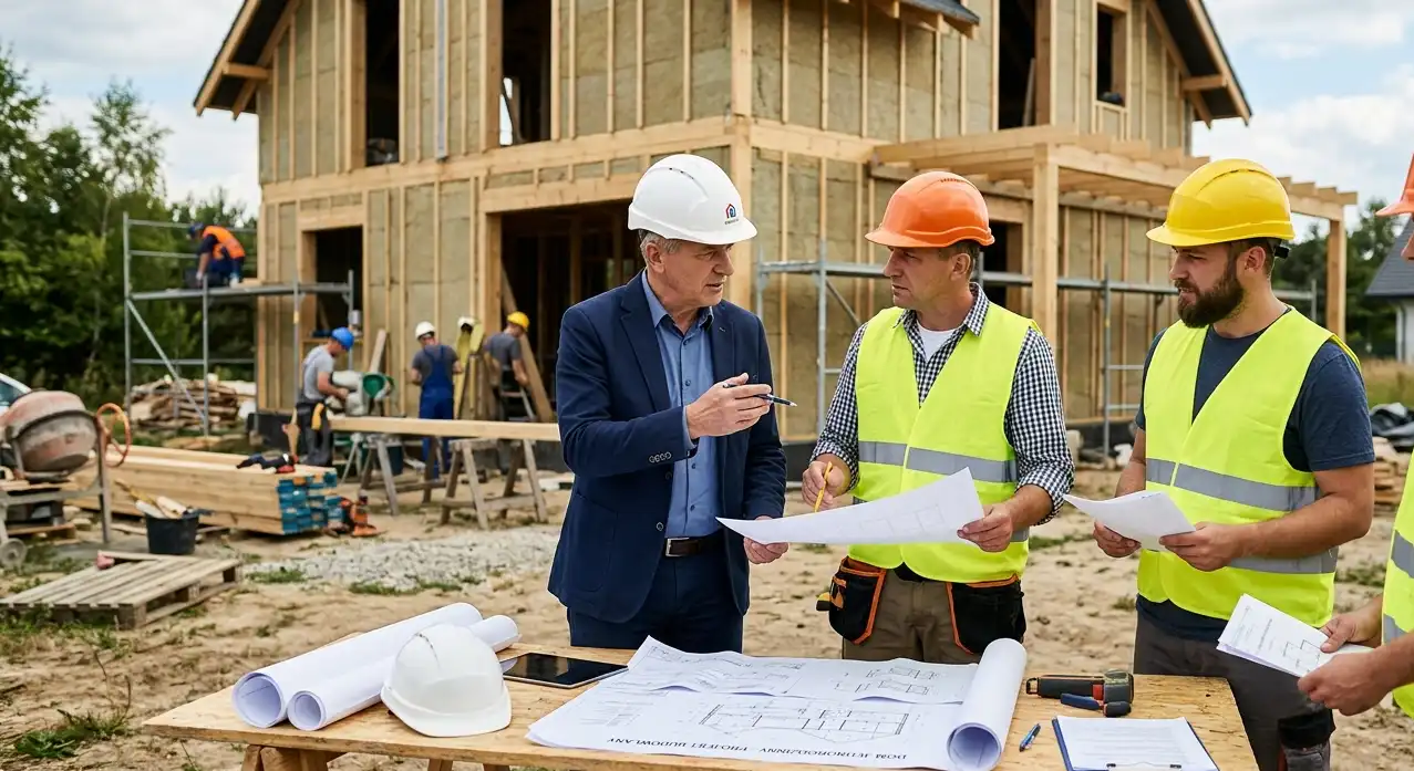 Spotkanie inwestora z ekipą budowlaną nad planem domu. jak znaleźć ekipę budowlaną