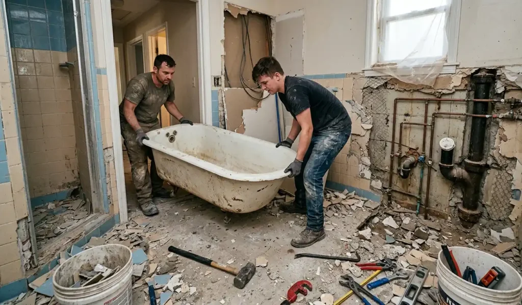 Stara-wanna-demontowana-w-lazience-podczas-remontu-widoczne-gruz-narzedzia-i-odslonieta-instalacja-wodna-1024x599 Koszt wymiany wanny – ile naprawdę wynosi i od czego zależy cena?