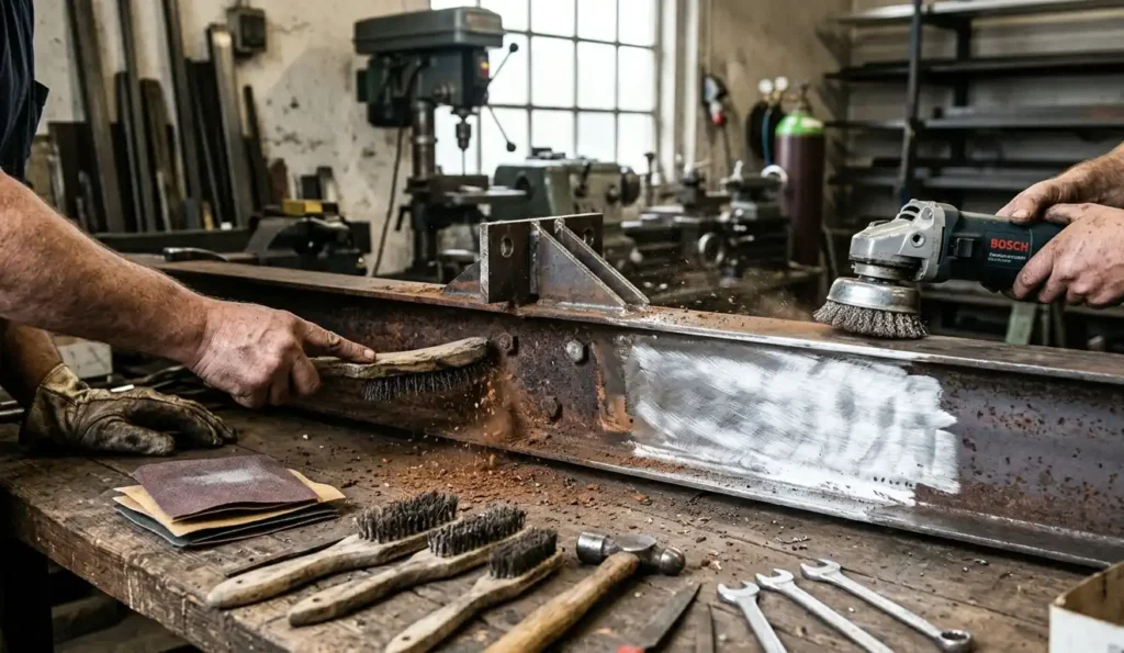 Usuwanie-rdzy-z-metalowej-powierzchni-przy-uzyciu-szczotki-drucianej-i-szlifierki-w-warsztacie-1024x595 Jak usunąć rdzę z metalu – skuteczne metody, domowe sposoby i sprawdzone techniki czyszczenia