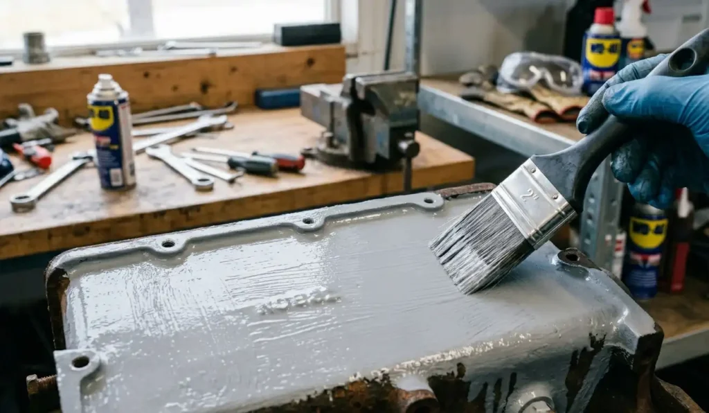 Zabezpieczanie-oczyszczonego-metalu-farba-antykorozyjna-w-warsztacie-1024x596 Jak usunąć rdzę z metalu – skuteczne metody, domowe sposoby i sprawdzone techniki czyszczenia