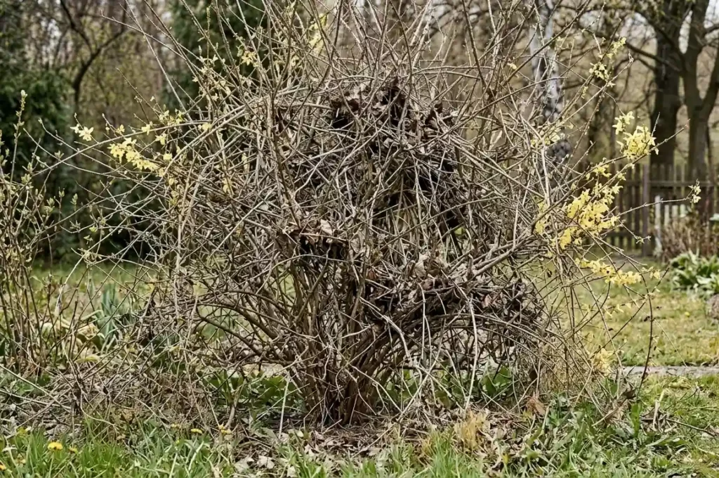 Zaniedbana-forsycja-z-dlugimi-splatanymi-pedami-i-niewielka-iloscia-kwiatow-1024x680 Pielęgnacja forsycji – jak dbać o krzew, aby obficie kwitł każdej wiosny