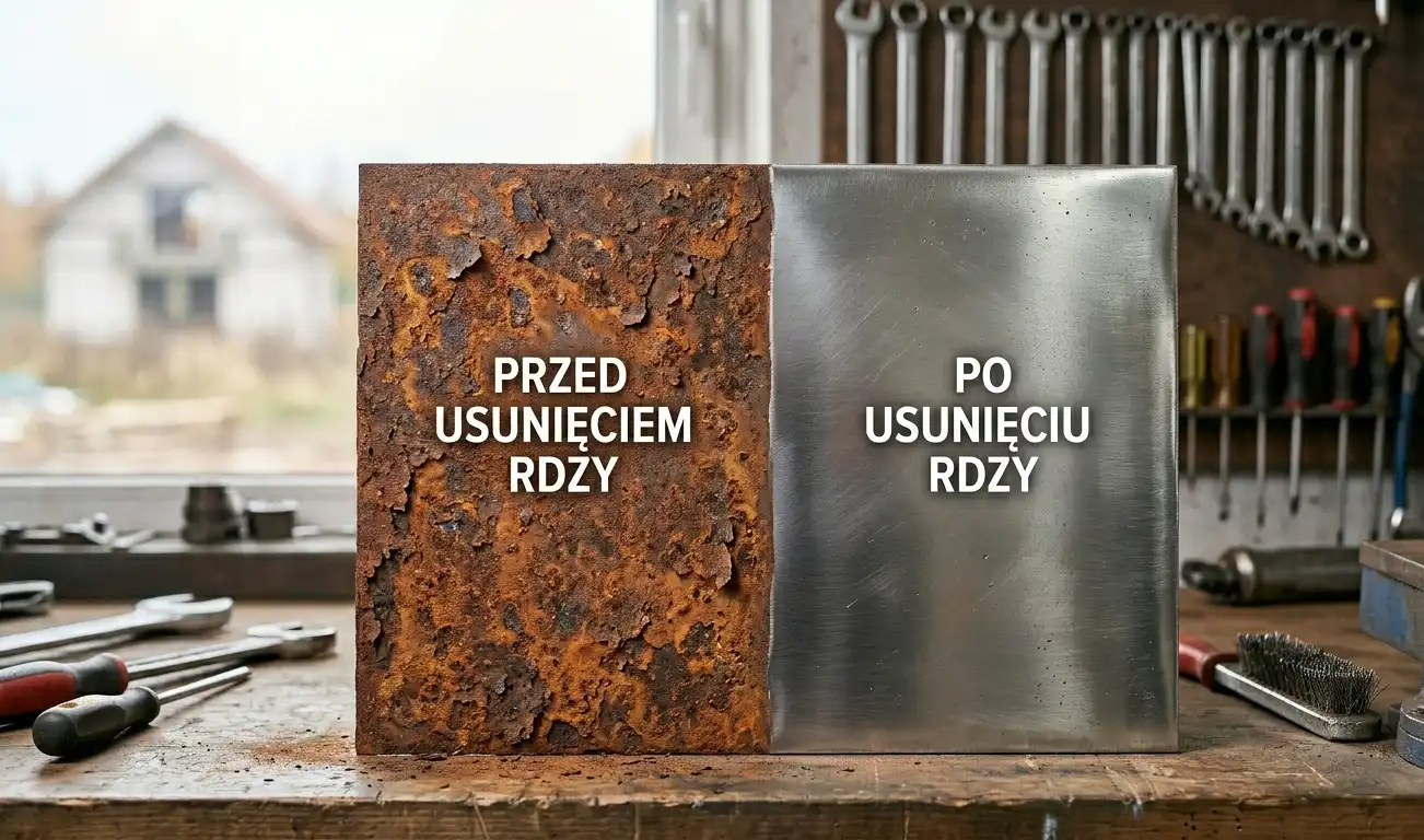 Zardzewiała stalowa powierzchnia przed i po oczyszczeniu, widoczny kontrast między rdzą a czystym metalem