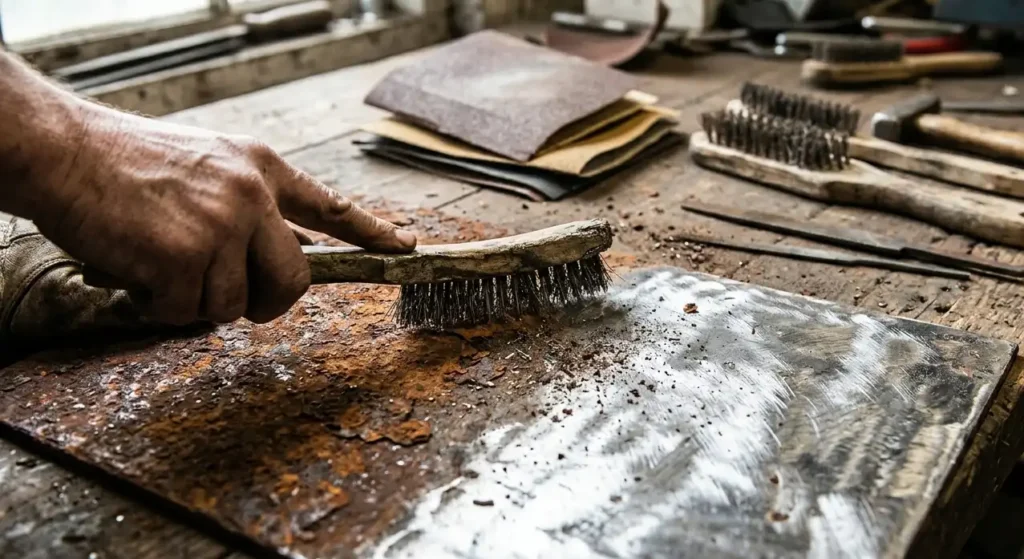 Zardzewiala-stalowa-powierzchnia-w-trakcie-i-po-usuwaniu-rdzy-widoczny-proces-oczyszczania-metalu-1024x559 Jak usunąć rdzę z metalu – skuteczne metody, domowe sposoby i sprawdzone techniki czyszczenia