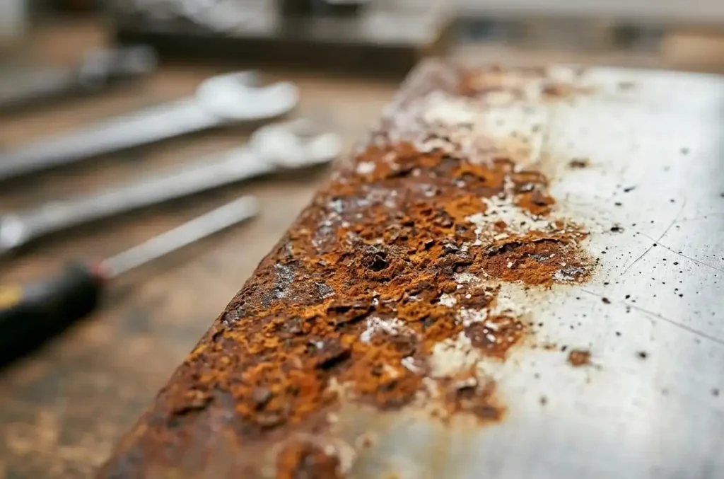 Zblizenie-zardzewialej-stalowej-powierzchni-z-widocznymi-ogniskami-korozji-i-kontrastem-miedzy-zdrowym-a-skorodowanym-metalem-1024x677 Jak usunąć rdzę z metalu – skuteczne metody, domowe sposoby i sprawdzone techniki czyszczenia