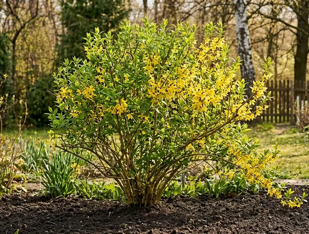 Zdrowa-forsycja-rosnaca-w-slonecznym-miejscu-ogrodu-widoczne-mlode-pedy-i-dobrze-przygotowana-gleba Pielęgnacja forsycji – jak dbać o krzew, aby obficie kwitł każdej wiosny