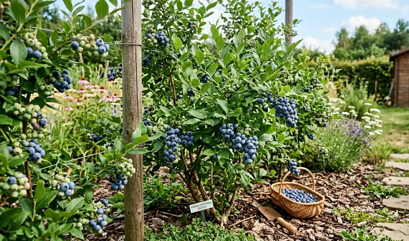 Zdrowe krzewy borówki amerykańskiej z dojrzewającymi owocami w ogrodzie