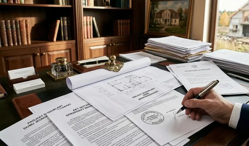 dokumenty-prawne-dotyczace-nieruchomosci-i-budowy-domu-na-biurku-z-pieczatka-notarialna-1024x600 Budowa domu a rozwód – co musisz wiedzieć, zanim będzie za późno