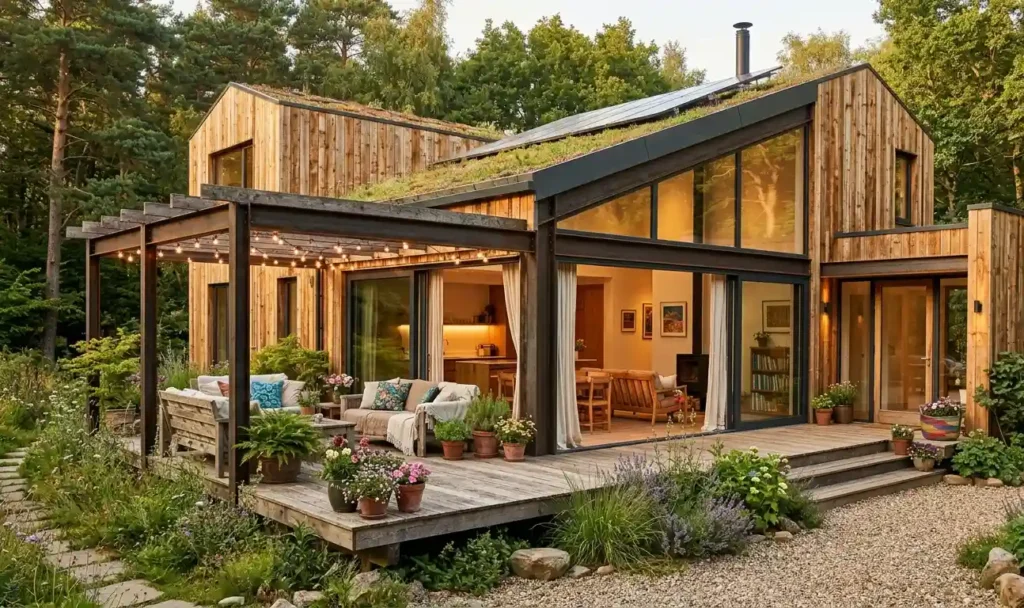 ekologiczny-dom-z-materialow-z-odzysku-w-otoczeniu-zieleni-jako-przyklad-nowoczesnego-budownictwa-zero-waste-1024x608 Dom z materiałów z odzysku – jak zbudować ekologiczny i tani dom krok po kroku