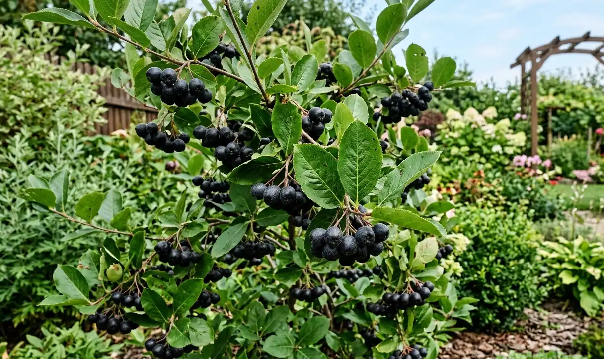 krzew aronii z dojrzałymi owocami w ogrodzie przydomowym