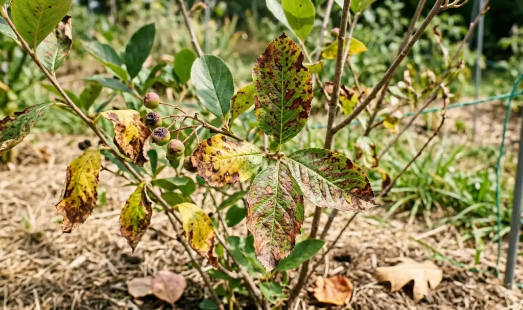 krzew-aronii-z-objawami-choroby-lisci-–-plamy-i-przebarwienia-na-lisciach-1024x607 Pielęgnacja aronii – jak uprawiać, dbać i zwiększyć plony krok po kroku