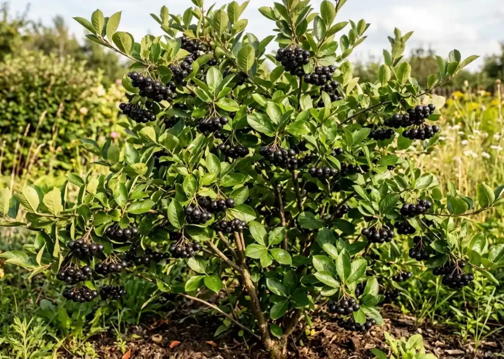 krzew-aronii-z-owocami-i-liscmi-w-pelnym-sezonie-wegetacyjnym-1024x730 Pielęgnacja aronii – jak uprawiać, dbać i zwiększyć plony krok po kroku