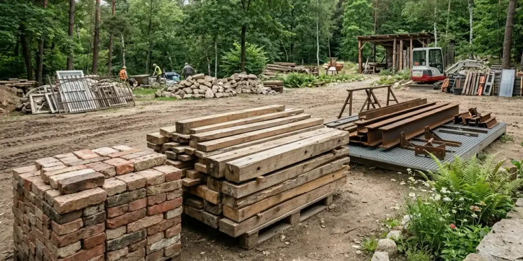 materialy-budowlane-z-odzysku-przygotowane-do-budowy-domu-ekologicznego-1024x511 Dom z materiałów z odzysku – jak zbudować ekologiczny i tani dom krok po kroku