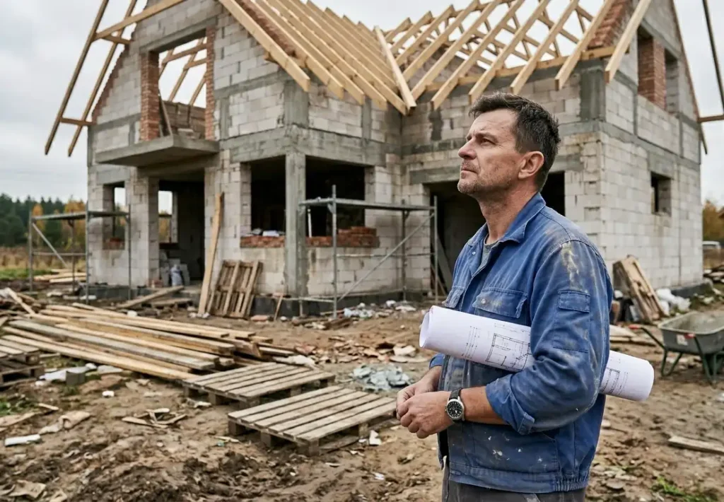 mezczyzna-stojacy-samotnie-na-budowie-domu-w-stanie-surowym-i-patrzacy-na-konstrukcje-1024x710 Budowa domu a rozwód – co musisz wiedzieć, zanim będzie za późno