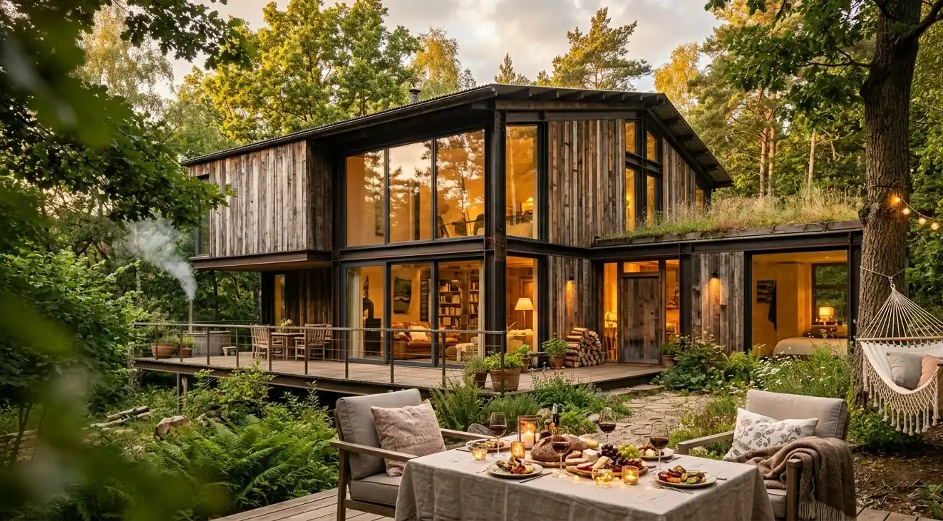 nowoczesny dom z materiałów z odzysku z drewna i elementów przemysłowych w otoczeniu natury