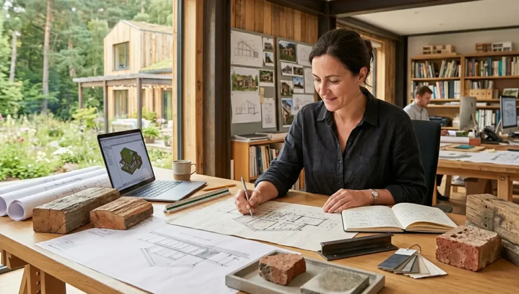 projektowanie-domu-z-materialow-z-odzysku-przy-uzyciu-planow-architektonicznych-i-probek-materialow-1024x581 Dom z materiałów z odzysku – jak zbudować ekologiczny i tani dom krok po kroku