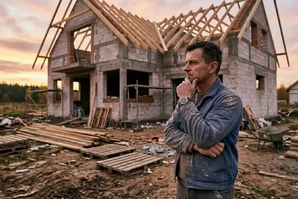 samotna-osoba-stojaca-przed-niedokonczonym-domem-o-zachodzie-slonca-1024x686 Budowa domu a rozwód – co musisz wiedzieć, zanim będzie za późno