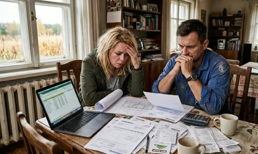 zestresowana-para-siedzaca-przy-stole-z-dokumentami-budowy-domu-i-rachunkami-1024x613 Budowa domu a rozwód – co musisz wiedzieć, zanim będzie za późno